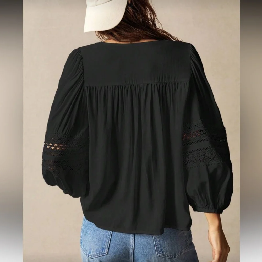 Chic Black Blouse with Lace Sleeves